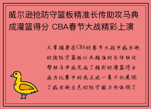 威尔逊抢防守篮板精准长传助攻马典成灌篮得分 CBA春节大战精彩上演